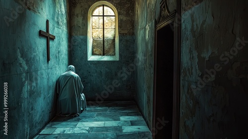 5. A confession booth with a penitent person waiting outside.