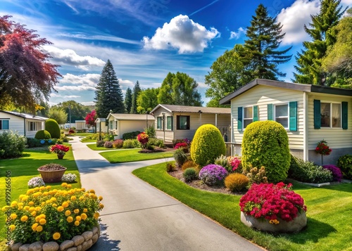 Cozy mobile home neighborhood with lush green lawns, colorful flowers, and diverse exterior designs, surrounded by mature trees and sunny blue skies.