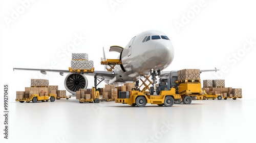 Airplane loading cargo with ground support equipment in a busy airport setting, showcasing logistics and transport operations.