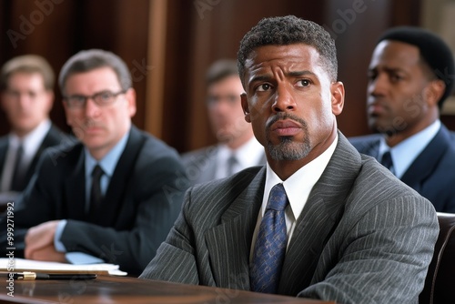 Courtroom scene with a jury in the background, focusing on the interaction between the defense attorney and the witness during cross-examination