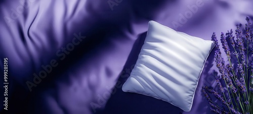 A deep sleep pillow surrounded by lavender sprigs, a soft light casting gentle shadows, the image exudes calmness, deep sleep pillow, lavender relaxation