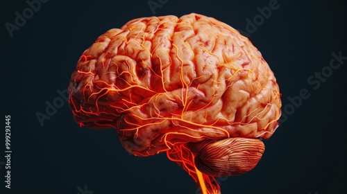 Glowing detailed image of a human brain showcasing the intricate energy pathways and glucose metabolism processes that power the complex neural networks and cognitive functions of the mind