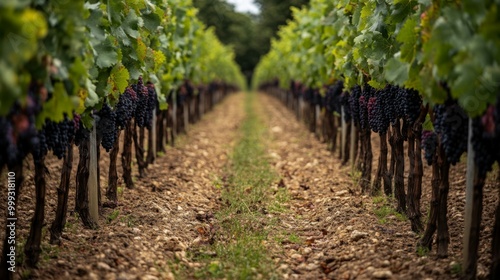 Rows of grapevines with ripe grapes hanging from the vines in a vineyard.