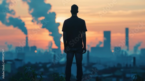 Silhouetted human figure standing in front of a cityscape with industrial factories and smokestacks belching polluted fumes at sunset