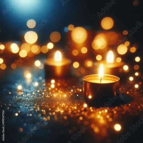 Golden bokeh dances around candlelight in deep blue darkness, capturing the serenity