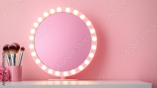 A stylish makeup mirror with lights on a soft pink background, complemented by makeup brushes in a holder, creating a chic and inviting beauty space.