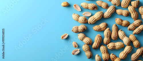 Peanuts scattered on blue background.