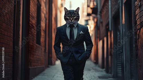 Confident anthropomorphic cat in a sharp suit walking down an alley like a mafia kingpin