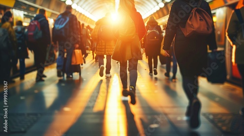 Commuters in Busy Train Station Corridor at Sunset. Autumnal Glow in Crowded Metro Station.