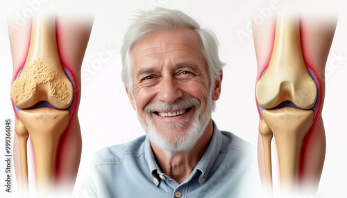 Senior man smiling showing healthy knee and unhealthy knee with osteoporosis