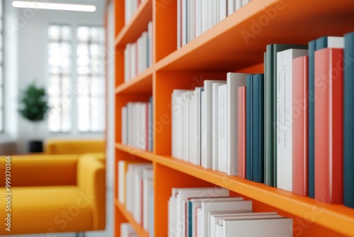 Vibrant Library Interior with Colorful Books and Orange Shelves in Modern Reading Space