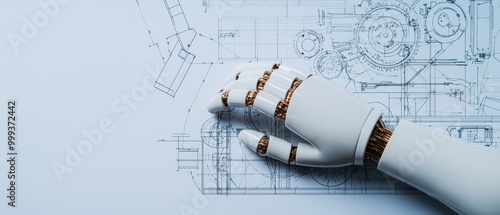 Robot hand on engineering blueprint, white isolated background.