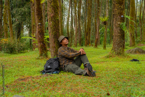 An adventurer was leaning against a beautiful pine tree with a stretch of green grass. Asian man is enjoying the tranquility of nature by resting on the green grass in the pine forest area