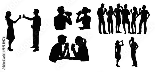 Man and woman drinking beer, happy male and female friends drinking beer vector silhouette