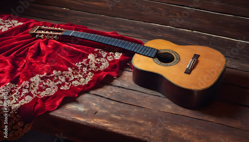 Arte y cultura española. Guitarra clásica sobre hermosa mantilla de terciopelo rojo con fondo de madera vieja. Con espacio de copia. Ilustración