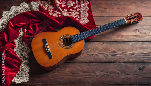 Arte y cultura española. Guitarra clásica sobre hermosa mantilla de terciopelo rojo con fondo de madera vieja. Con espacio de copia. Ilustración