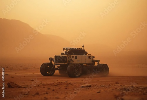 Rover Exploring Distant Mars Landscape