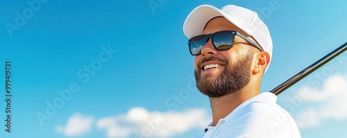 Golfer smiling while practicing their swing at the driving range on a clear day golf practice, skill-building joy