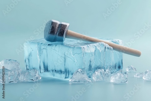 A hammer placed gently atop an ice block with faint cracks beginning to appear on the surface, capturing the moment of anticipation and the fragility of the situation.