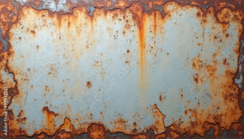 An old metal surface covered with rust and peeling paint, showcasing the effects of time and weathering. The texture highlights the contrast between the rust and faded blue paint.