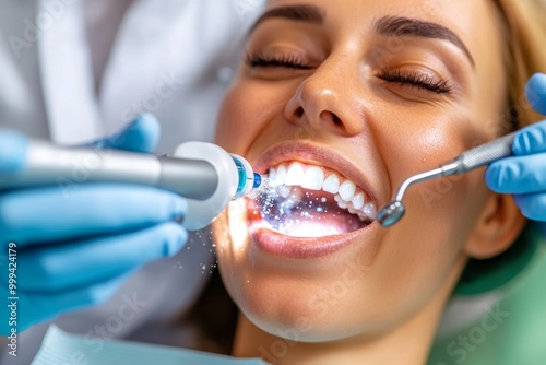 Dental hygienist using an ultrasonic scaler, removing plaque and tartar from a patientâ€™s teeth, with water spray and suction in action