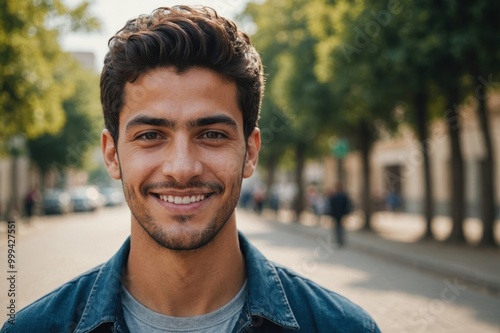 Close portrait of a smiling young Algerian man looking at the camera, outdoors blurred background