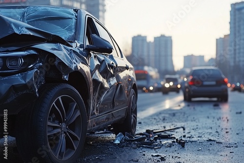 A damaged black car after an accident on a busy city street, showcasing the aftermath of a traffic collision.