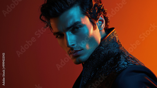 Portrait of Handsome Man with Blue and Orange Lighting