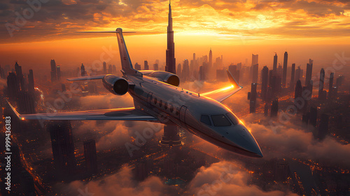 A Private Jet Flying Over the Dubai Skyline with Golden Sunset 