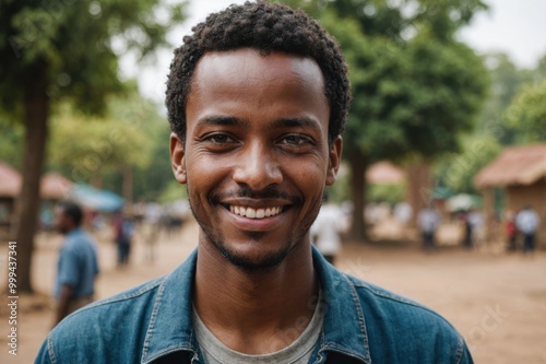 Close portrait of a smiling young Ethiopian man looking at the camera, Ethiopian outdoors blurred background