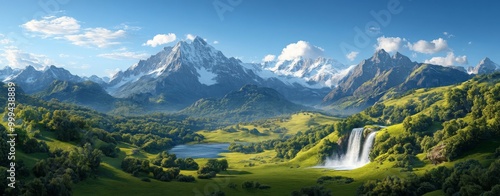 Majestic Mountain Landscape with Waterfall and Lake