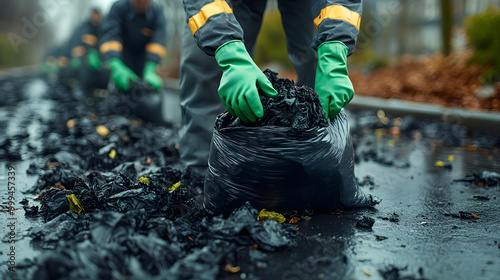 Close-Up of Hands in Green Gloves Pulling Black Trash Bags 