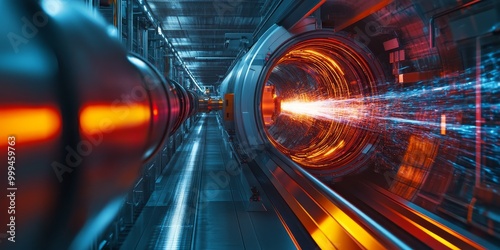 a particle accelerators beamline, with charged particles moving at near-light speed toward collision.