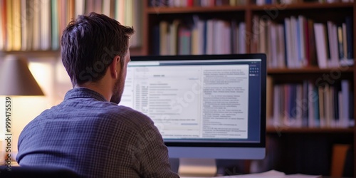 a scholar working on a dissertation, with references and citations carefully organized on the screen.