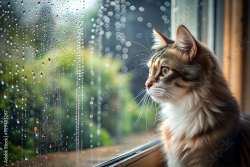 Fluffy cat looking out rainy window with blurred background