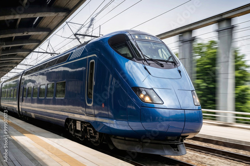 A blue train is traveling down the tracks. The train is long and has many windows. The train is moving quickly and is surrounded by a lot of wires