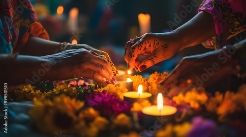 Family Hands Lighting Candles on Dia de los Muertos