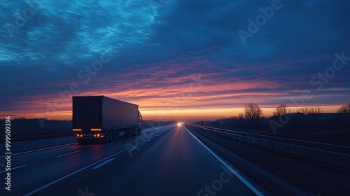 Driving on the highway at sunrise, the road stretching out in front with a beautiful morning sky