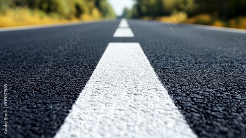 Detailed view of asphalt with freshly applied thermoplastic road marking.