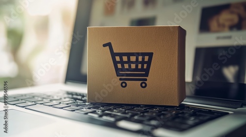 Online shopping and ecommerce via internet concept : One paper box with shopping cart logo on a laptop computer depicts consumer always buys personal goods or things directly from online retail store