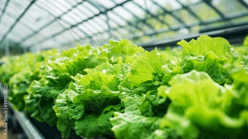 Hydroponic farm growing fresh green lettuce in modern greenhouse environment copy space