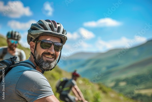 A person riding a bicycle while wearing a helmet and sunglasses, suitable for use in editorial or commercial contexts