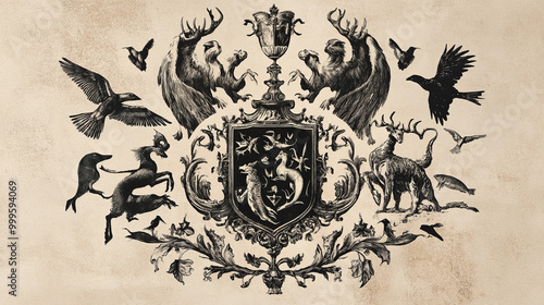 A vintage-style coat of arms featuring mythical creatures like a harpy and knight, alongside animals, birds, and fish. This design evokes the emblems of a medieval fantasy kingdom.