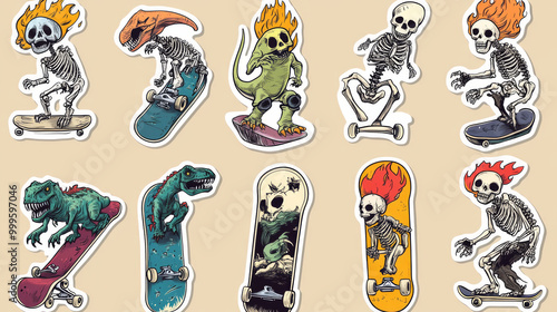 Cool skateboard shop stickers with dinosaurs and skeletons skateboarding. They have fiery heads and skulls, perfect for vintage-style t-shirts. These hand-drawn designs are unique and eye-catching.