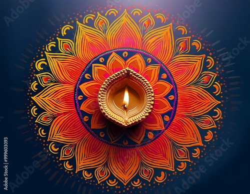 Brightly lit diya candle on vibrant rangoli pattern, symbolizing light, joy, and festivity during Diwali celebrations.