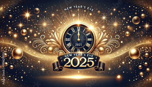 New Year's Eve 2025 Clock with Golden Fireworks and Sparkling Background