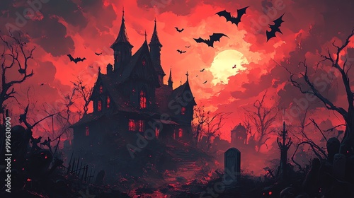 Silhouette of castle against a dark, moonlit sky, with a gothic cathedral and towering architecture casting long shadows in the Halloween night scene