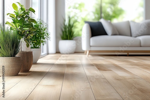  Bright and airy living room with large windows, light wooden floors, potted plants, and a modern sofa, creating a fresh and inviting home space.