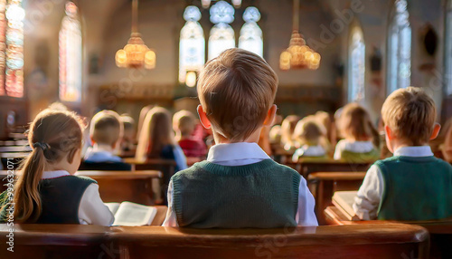 CRIANÇAS EM ORAÇÃO NA IGREJA DURANTE A CATEQUESE OU ESCOLA DOMINICAL