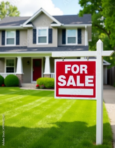 For sale sign near american family house in suburban neighborhood real estate market created with generative ai Real Estate home listing buying or selling home